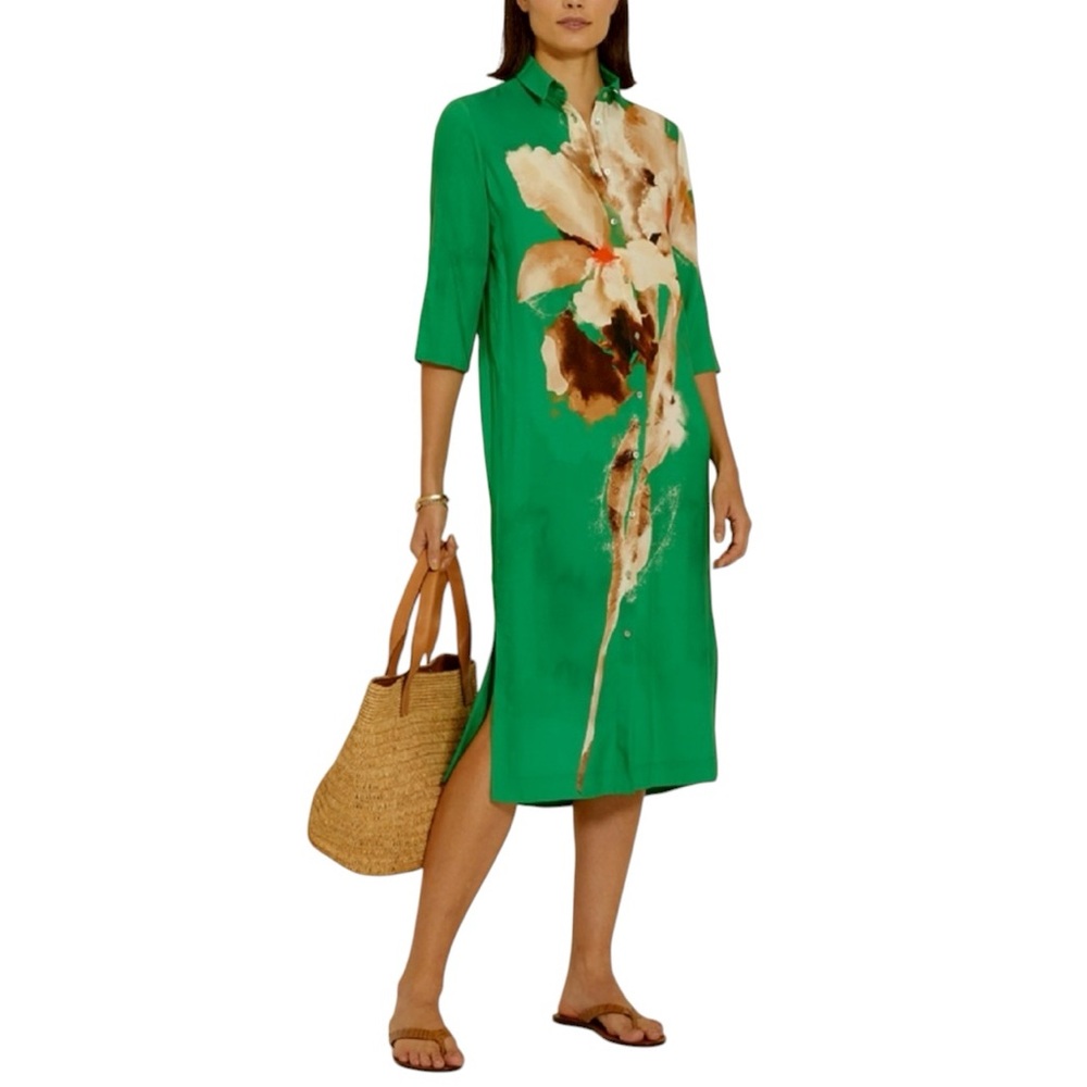Green Floral-Print Midi Shirt Dress by